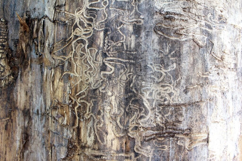 Termite damage tracks in wood
