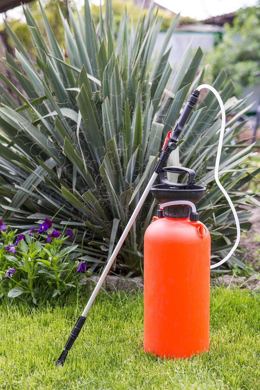 Technician treating garden and lawn for pests