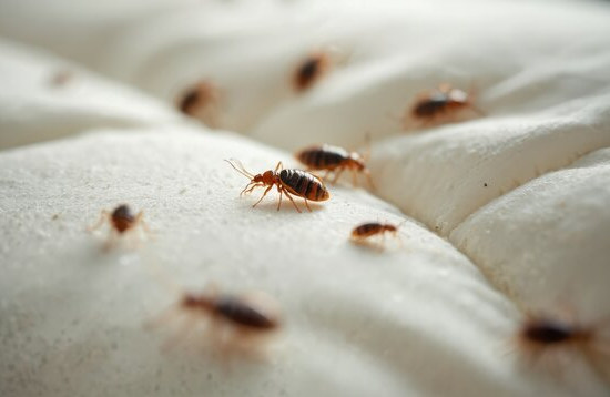 Bed bug on the seam of a white mattress