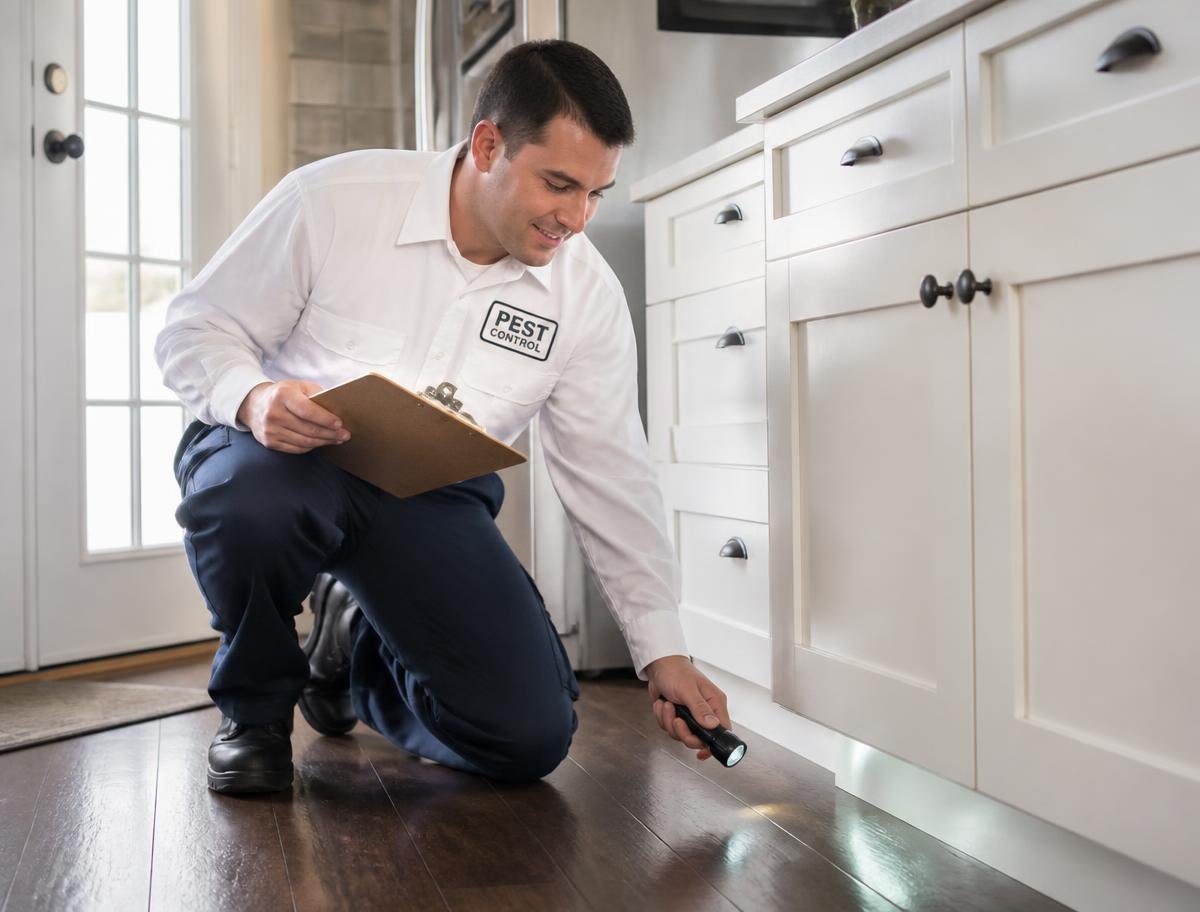 Pest control technician inspecting kitchen cabinets with flashlight