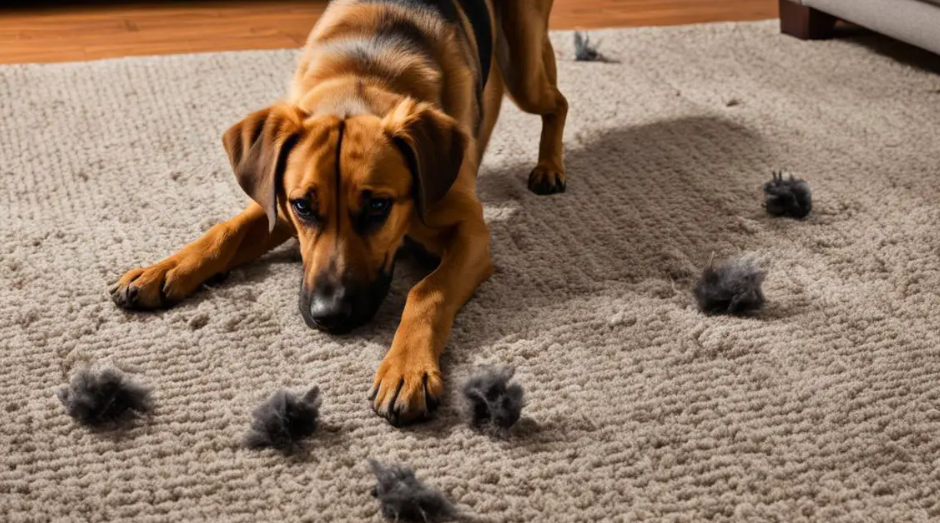 Dog scratching on a carpet during a flea infestation
